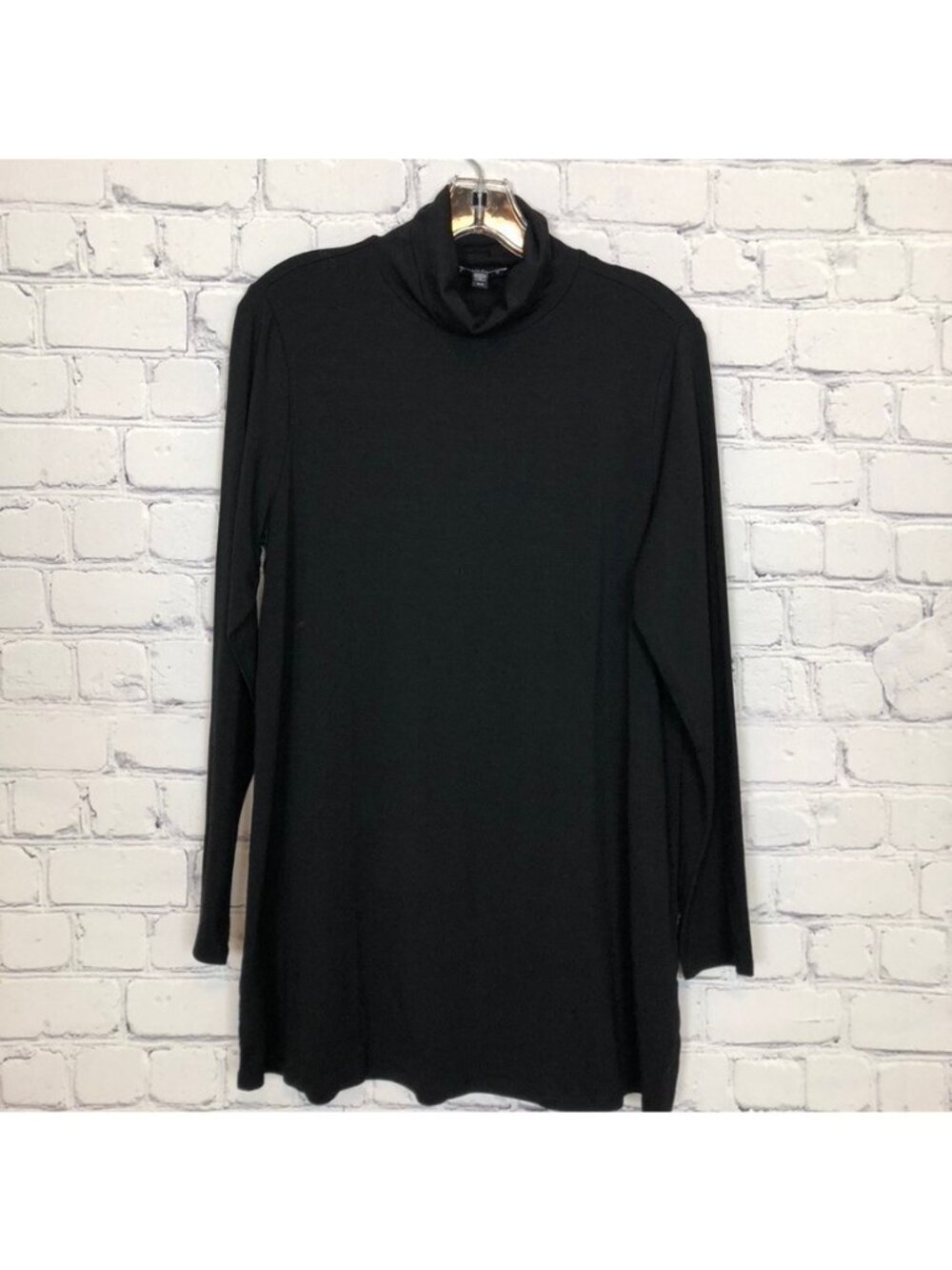Eileen Fisher Black Stretch Jersey Knit Turtleneck Tunic Size M Tencel Lyocell
